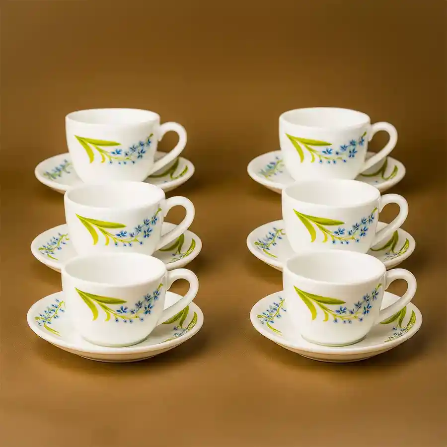 Lovely Larah 12pc Cup and Saucer Set in Blue and White by Borosil, made from opalware, microwave and dishwasher safe.