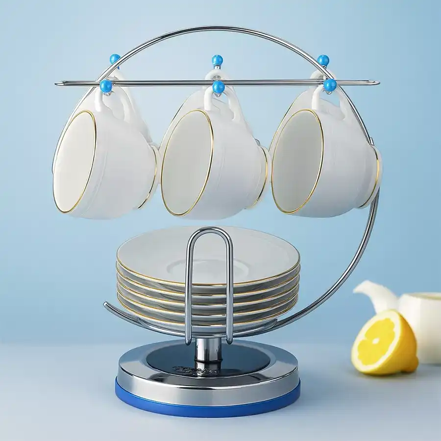 Elegant stainless steel cup and saucer stand from Bridge2Shopping, perfect for gifting and enhancing your kitchen decor.