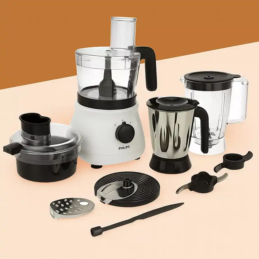 Philips Classic Food Processor with multiple attachments and jars, designed for versatile kitchen tasks like grinding and juicing.