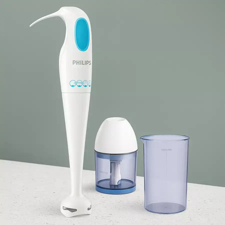 Philips Hand Blender in white, featuring stainless steel blades and retractable cord, perfect for blending and mixing in the kitchen.