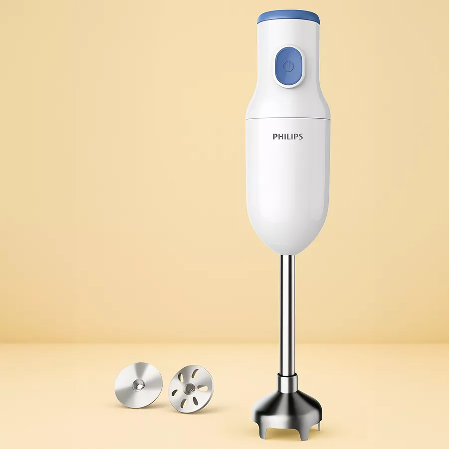 Whimsical Philips Hand Blender in white with alloy steel blades, perfect for blending soups and smoothies.