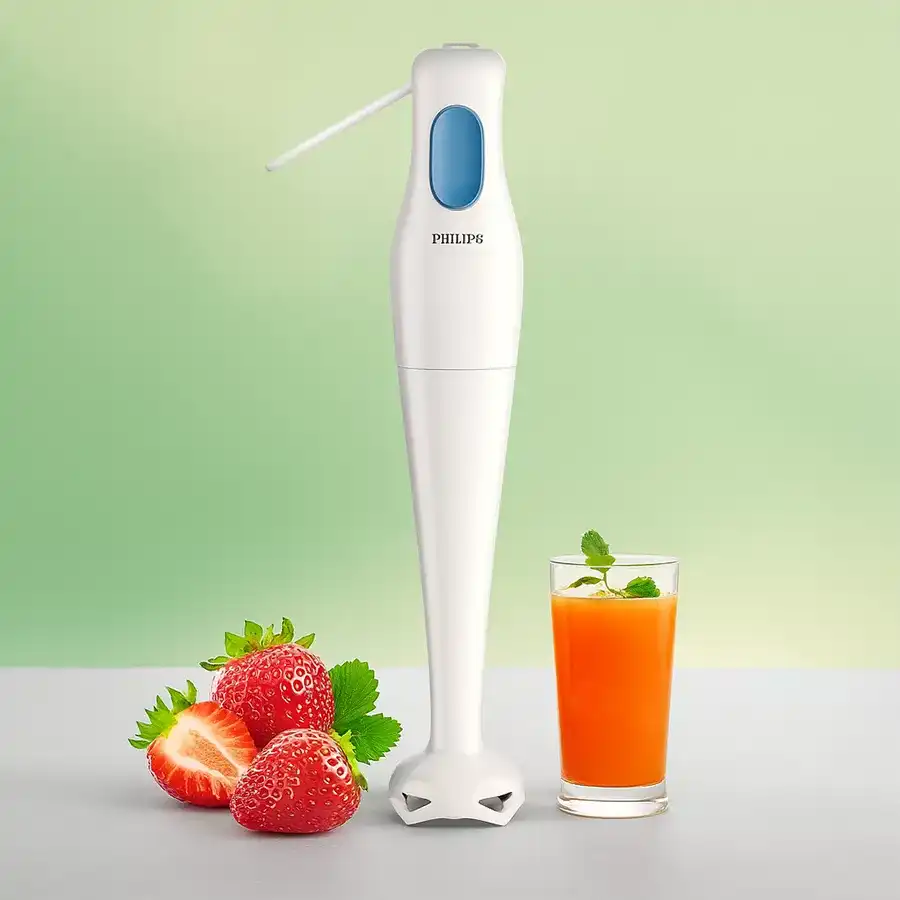 Elegant Philips Hand Blender in white with stainless steel blades, showcasing its stylish design and powerful performance for blending tasks.