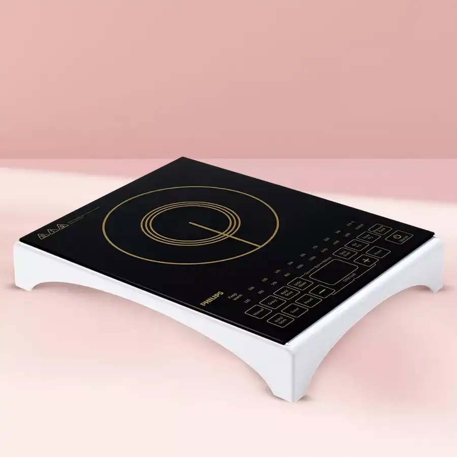 Philips Viva Induction Cooktop in sleek black glass, featuring sensor touch controls and ten preset menus for stylish and efficient cooking.