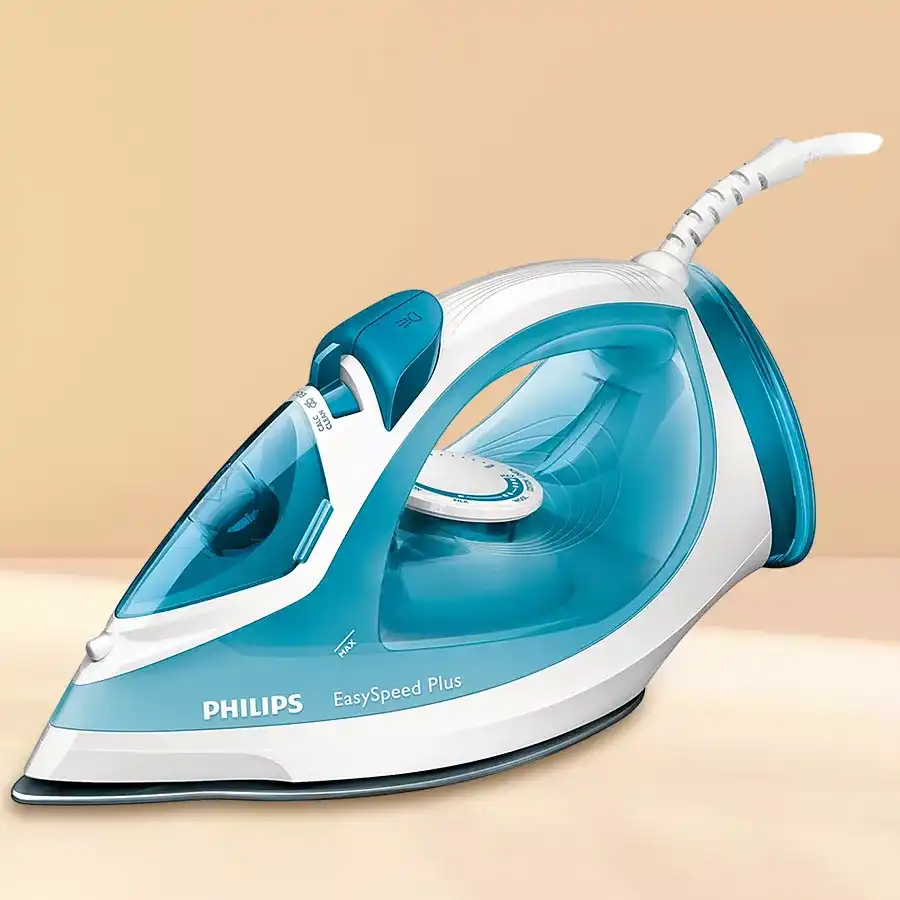 Philips EasySpeed Steam Iron in blue with steam boost technology and ceramic sole plate, designed for effortless wrinkle removal.