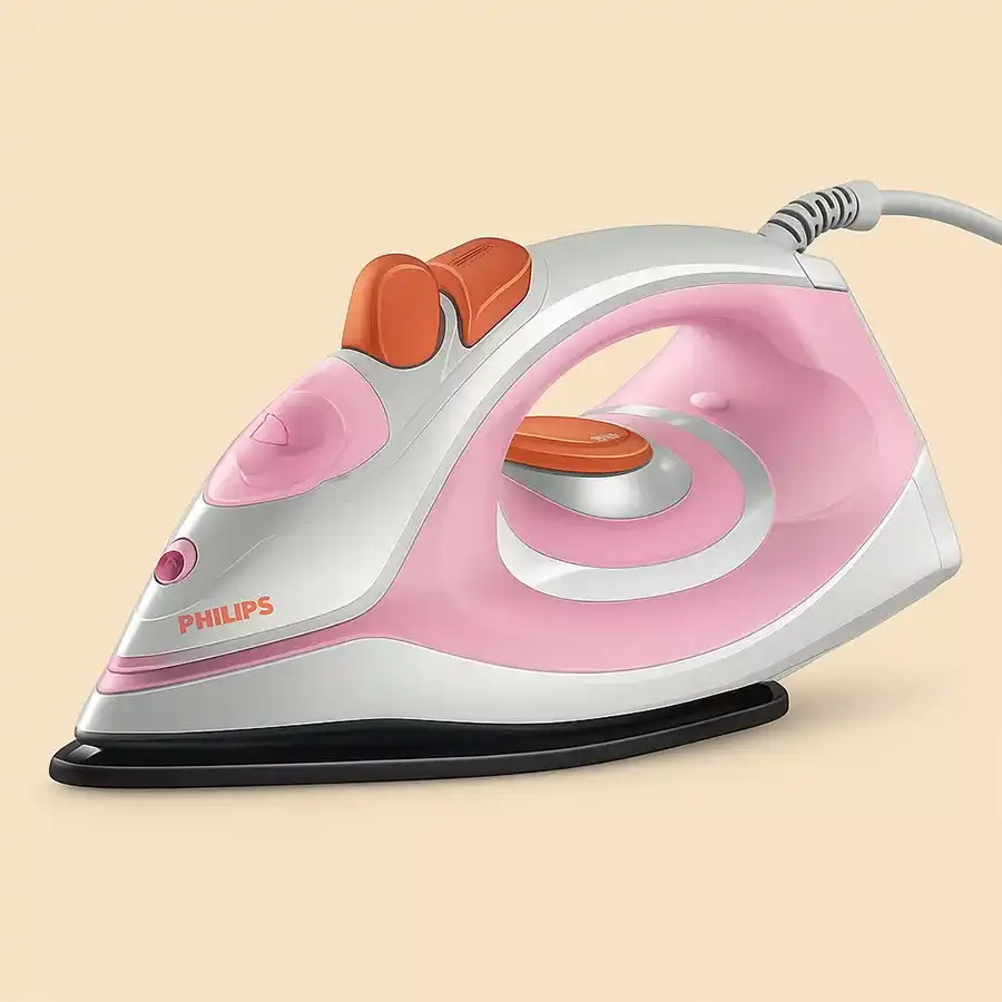 Philips 1440 Watt Non-Stick Soleplate Steam Iron in white, designed for effortless wrinkle removal and smooth garment care.