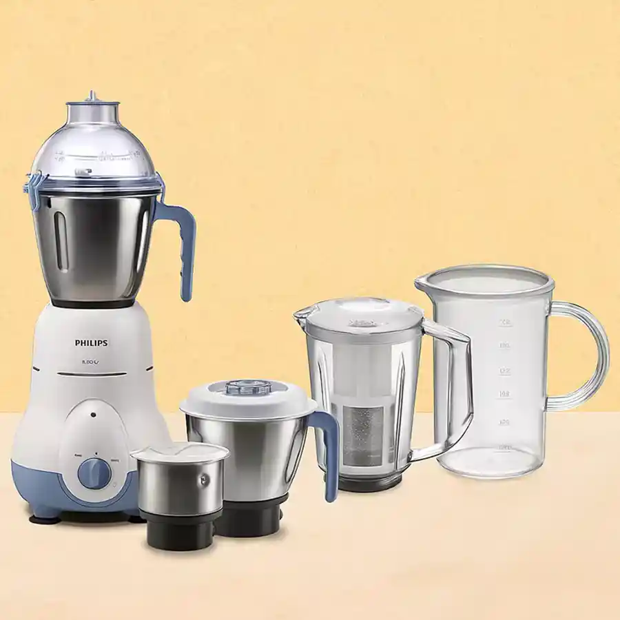 Philips Juicer Mixer Grinder in white with five jars, designed for effortless juicing and mixing, featuring a powerful 600W motor.
