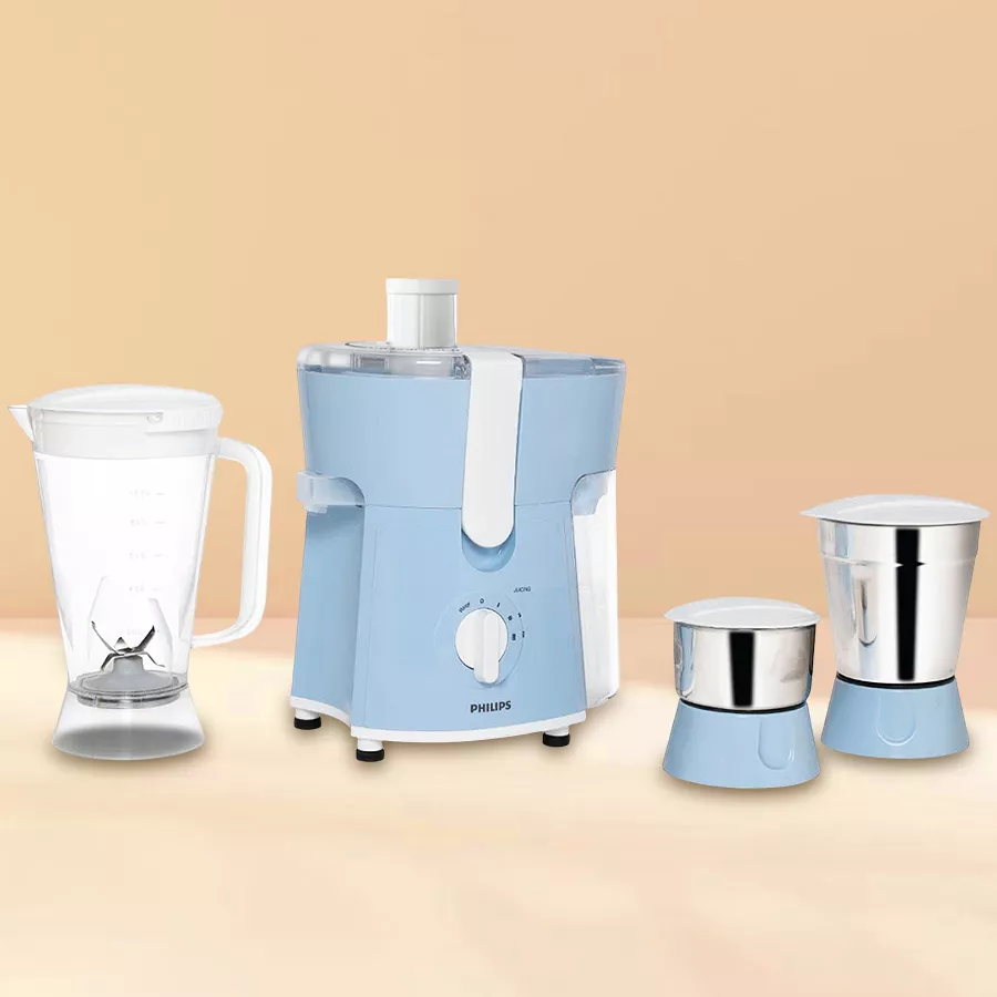 Philips Amaze Juicer Mixer Grinder in Celestial Blue and Bright White with four jars, spatula, and stainless steel blades, perfect for diverse culinary tasks.