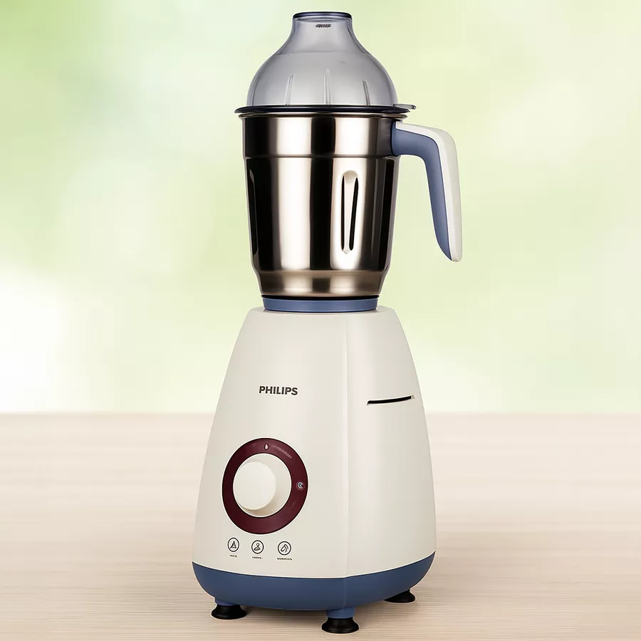 Philips 750 Watt Mixer Grinder in white and grey with three jars, perfect for blending and grinding in the kitchen.