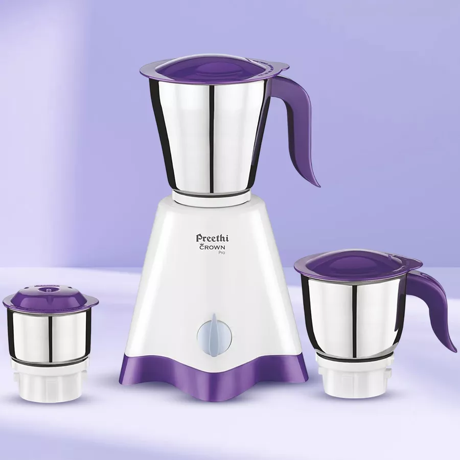 Elegant White and Purple Mixer Grinder by Preethi, showcasing its sleek design and stainless steel features.