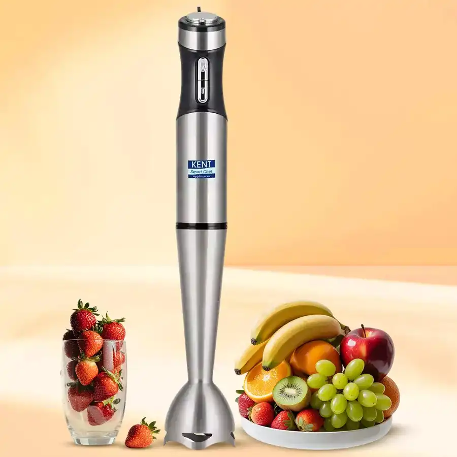Sleek KENT Stainless Steel Hand Blender in silver, featuring a powerful motor and two speed settings. Perfect for smoothies and soups.
