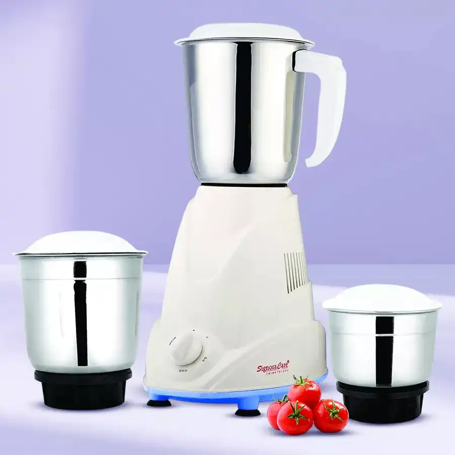 Riveting Eco Plus White Mixer Grinder by Signora Care, featuring a sleek design and powerful 500-watt motor for versatile kitchen use.