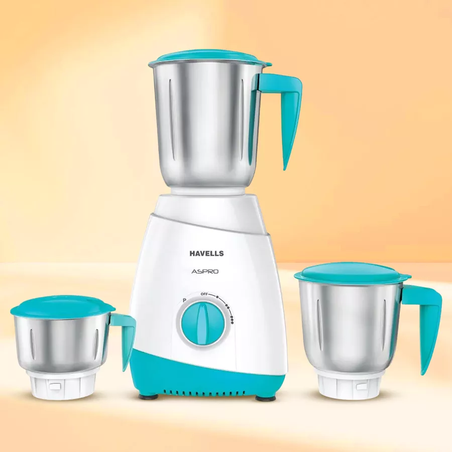 Pleasant Havells White N Light Blue Mixer Grinder with 3 jars, showcasing a stylish design and efficient blending capabilities.