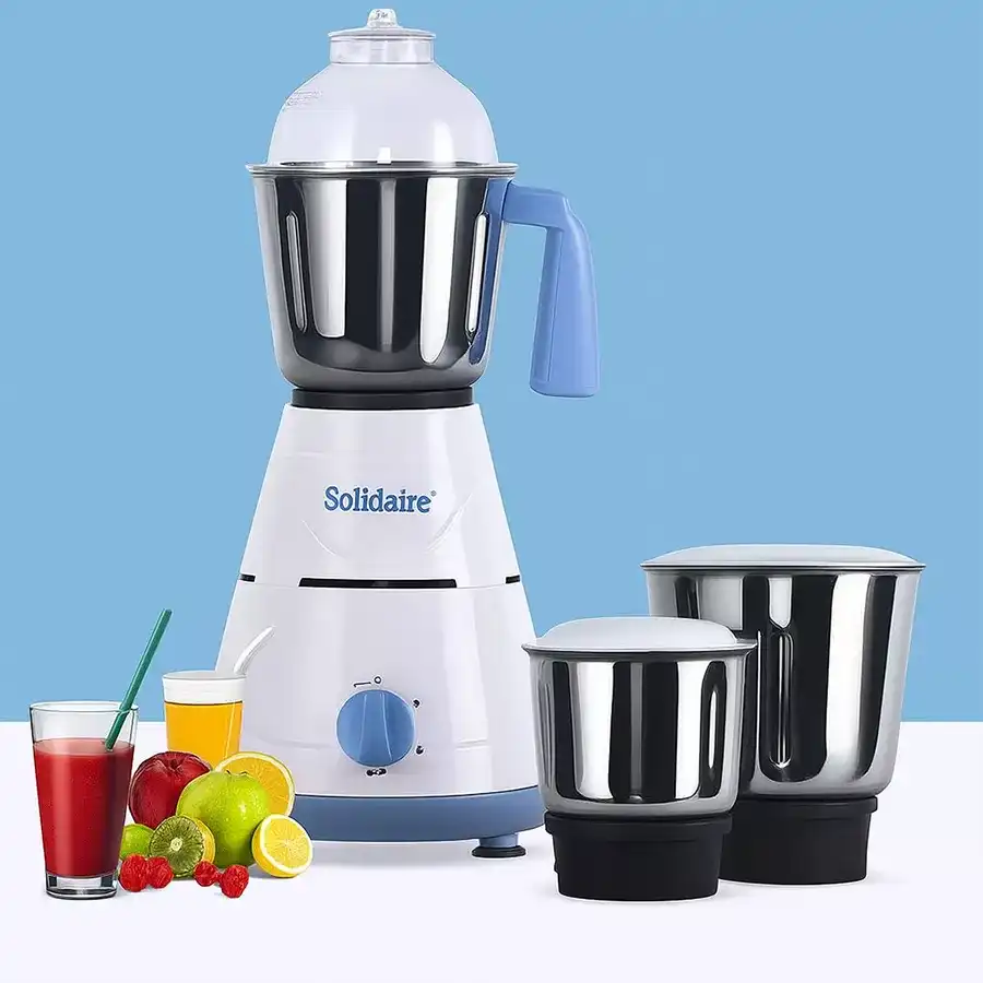 Impressive Solidaire White and Blue Mixer Grinder with three jars, showcasing its vibrant design and features for easy blending and grinding.
