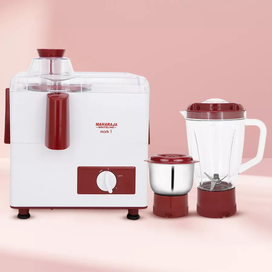 Maharaja Whiteline Juicer Mixer Grinder in white and red, featuring stainless steel blades and two jars, perfect for blending and juicing.