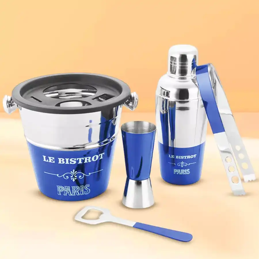 Elegant Blue Lacquered Bartender Tool Set including shaker, ice bucket, opener, tong, and jigger.