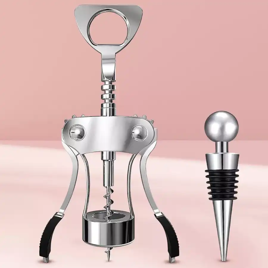 Elegant Winged Corkscrew Set with stainless steel opener and stopper.