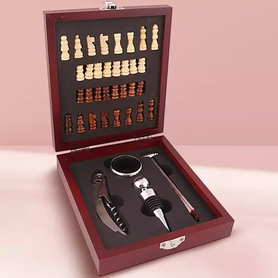 Elegant Wine & Chess Gift Set featuring wine accessories and chess set in a stylish metallic finish. Perfect for gifting and entertaining.