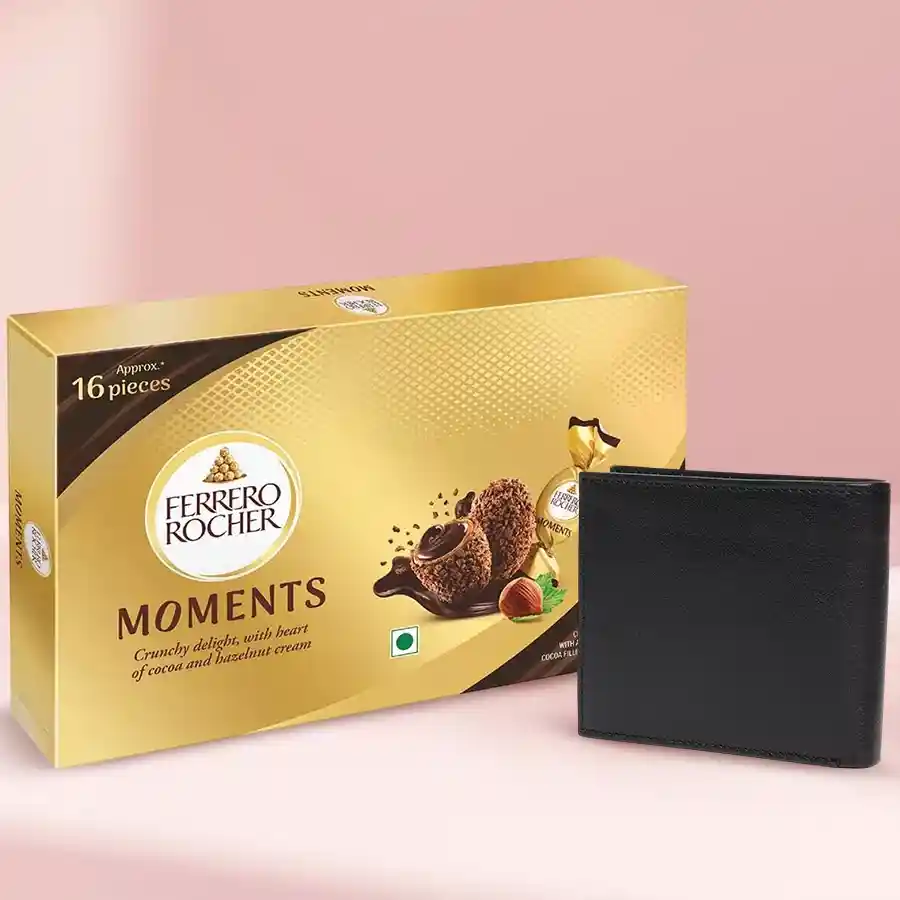 Elegant black leather wallet with Ferrero Rocher chocolates, featuring multiple card slots and a coin pocket.