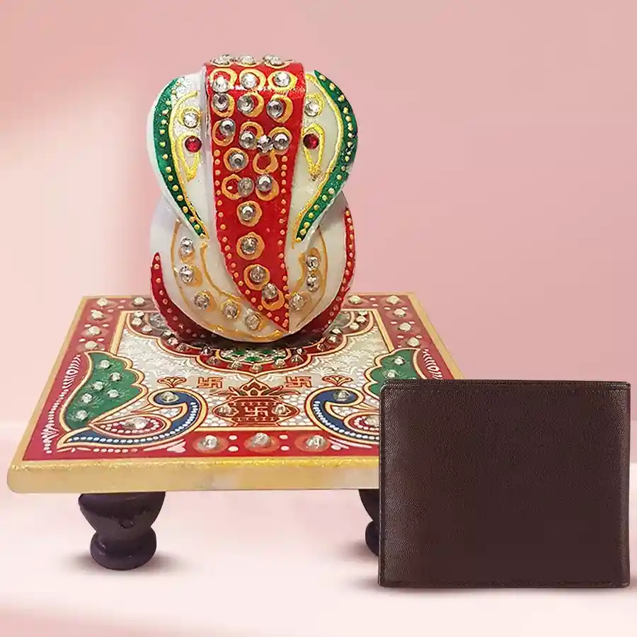 Stylish Ganesh Marble Chowki with Borns Brown Leather Wallet for gents, featuring card slots and coin pocket.