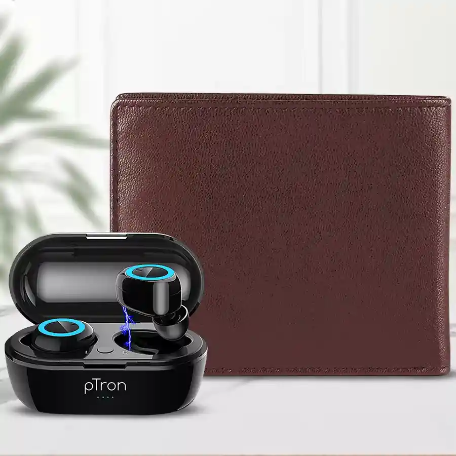 Smart Mens Leather Wallet in brown with PTron Bluetooth Earbuds.
