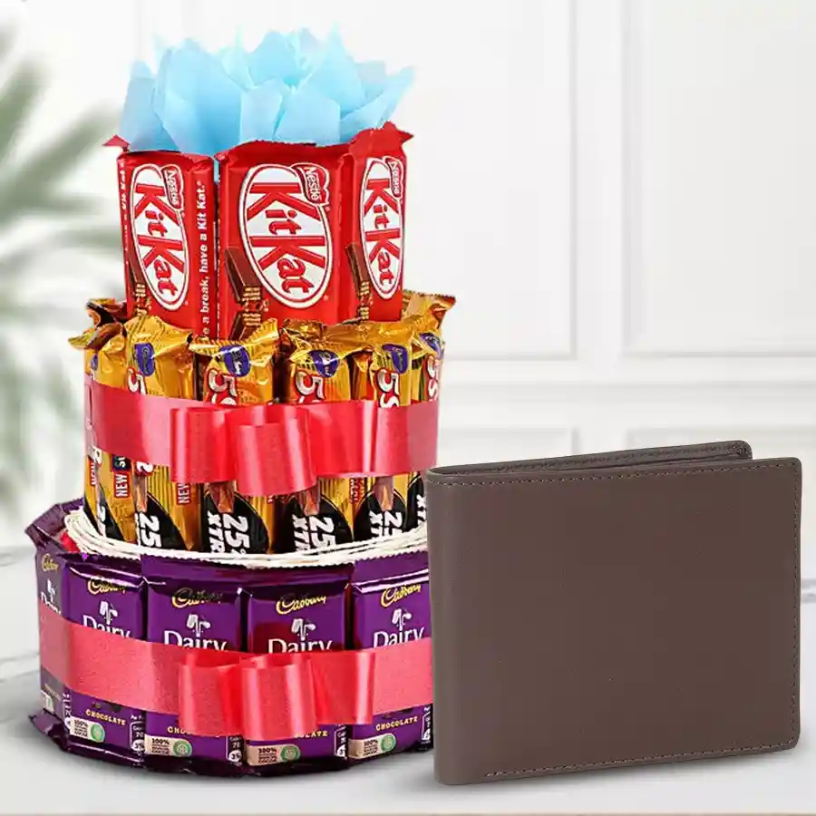Brown leather wallet with multiple card slots and a 3 Tier chocolate arrangement featuring Cadbury and Nestle treats.