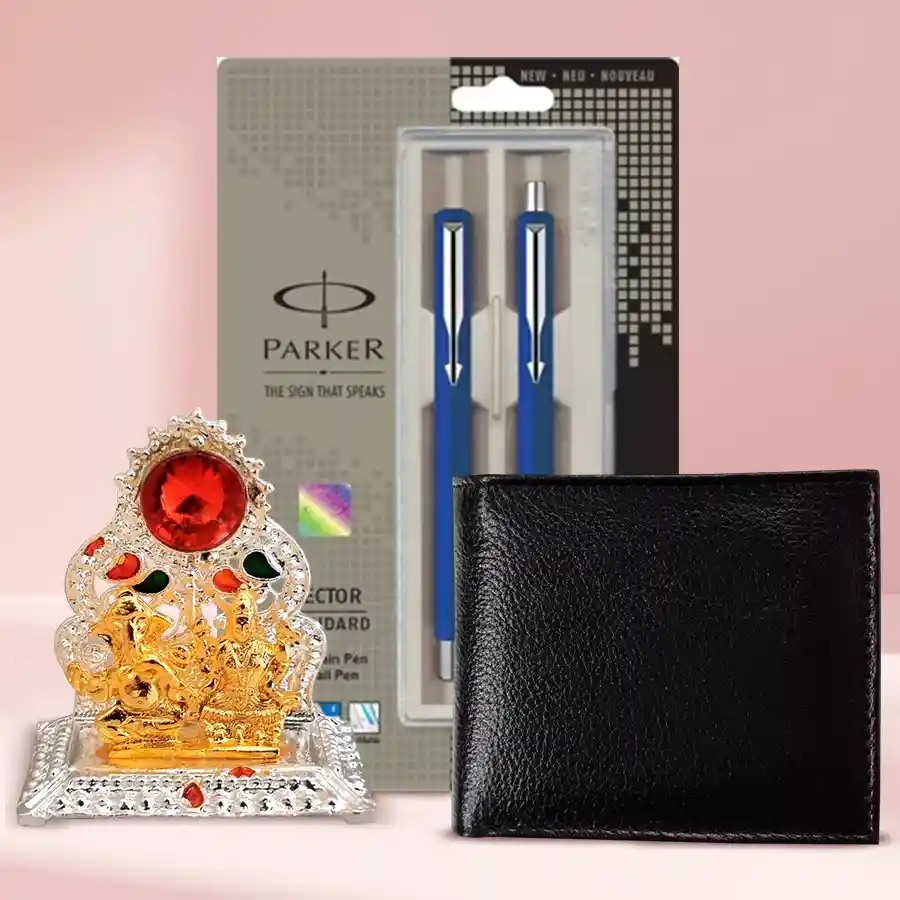Elegant Parker Pen Set with Black Leather Wallet and Laxmi Ganesh Mandap.