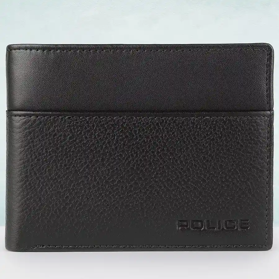 Sleek Black Leather Wallet by Police with 11 compartments and a coin pocket, ideal for stylish organization.