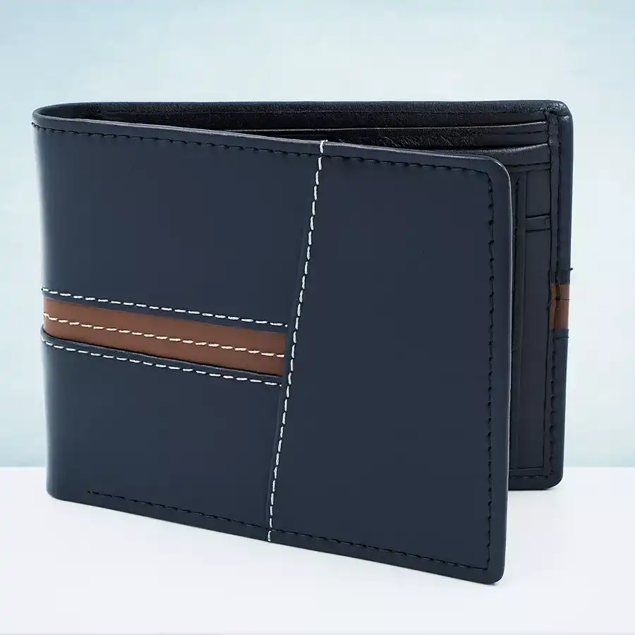 Stylish black leather wallet for men with seven compartments and a coin pocket. Perfect gift for any occasion.