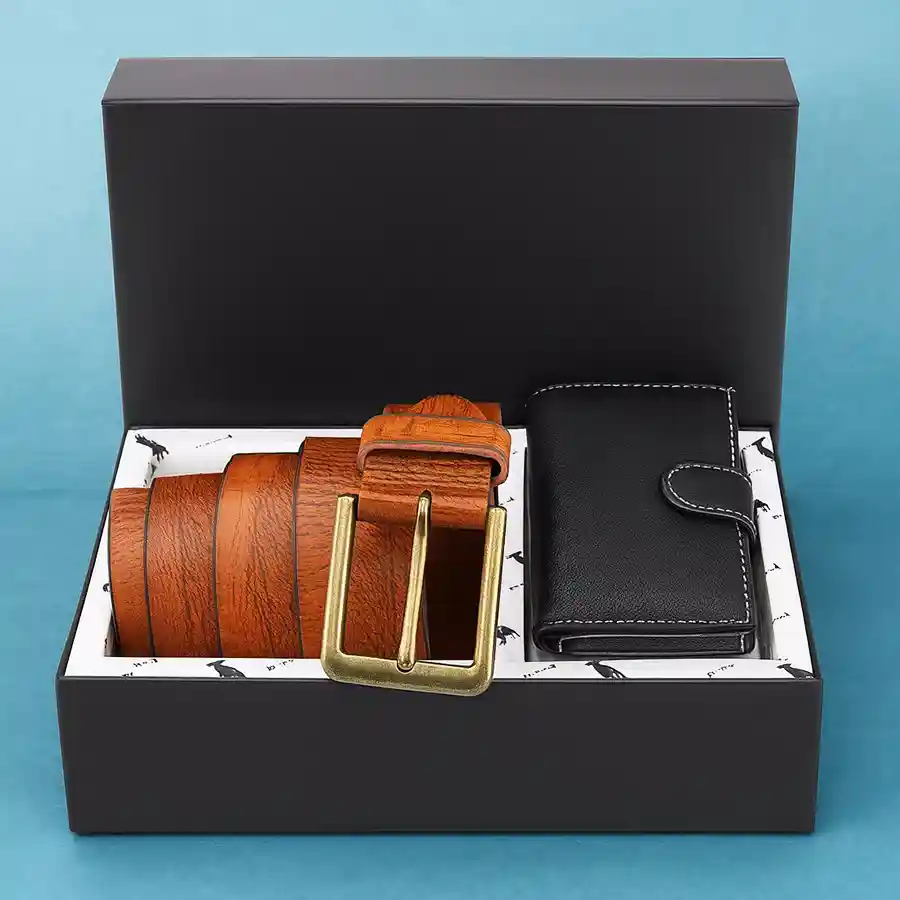 Stylish leather card holder and tan belt set by Hide and Skin, featuring RFID protection and multiple card holding compartments.
