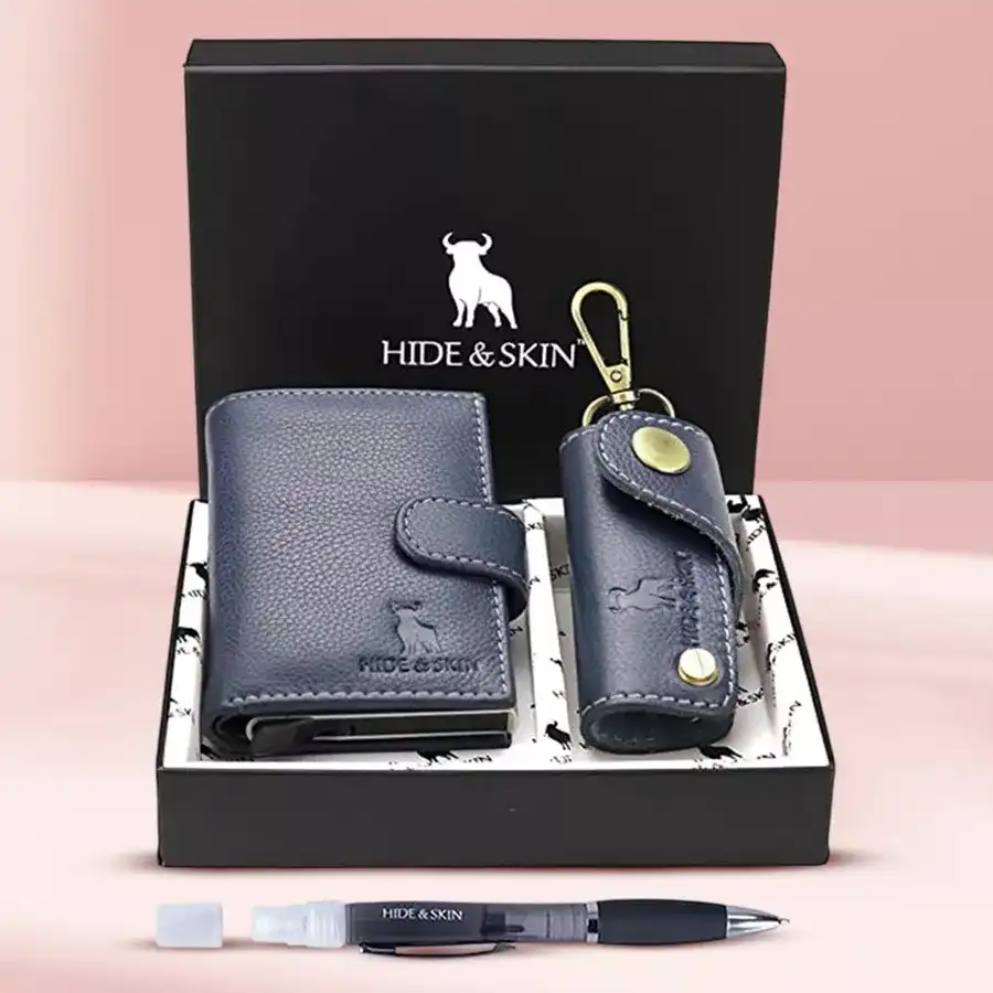 Chic Fancy Hide N Skin Leather Card Case with Pen and Keychain Set in navy, featuring RFID blocking for secure storage.