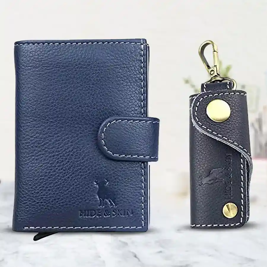 Classic Hide N Skin Blue Leather Card Case and Key Chain Set for men and women.