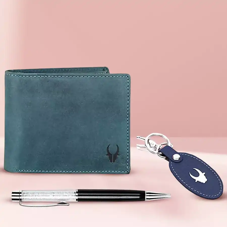 WildHorn Leather Men's Wallet Gift Set with keychain and pen, featuring multicolor design and RFID-blocking technology.