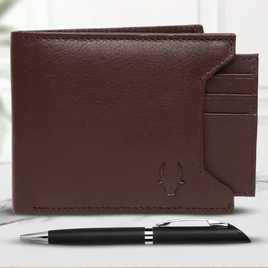 Fancy WildHorn Leather Wallet with Pen Combo in tan, elegantly packaged in a gift box for men.