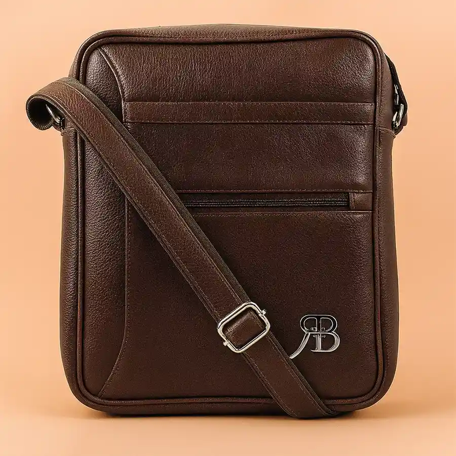 Stylish brown leather sling bag for men with front cross pocket design.
