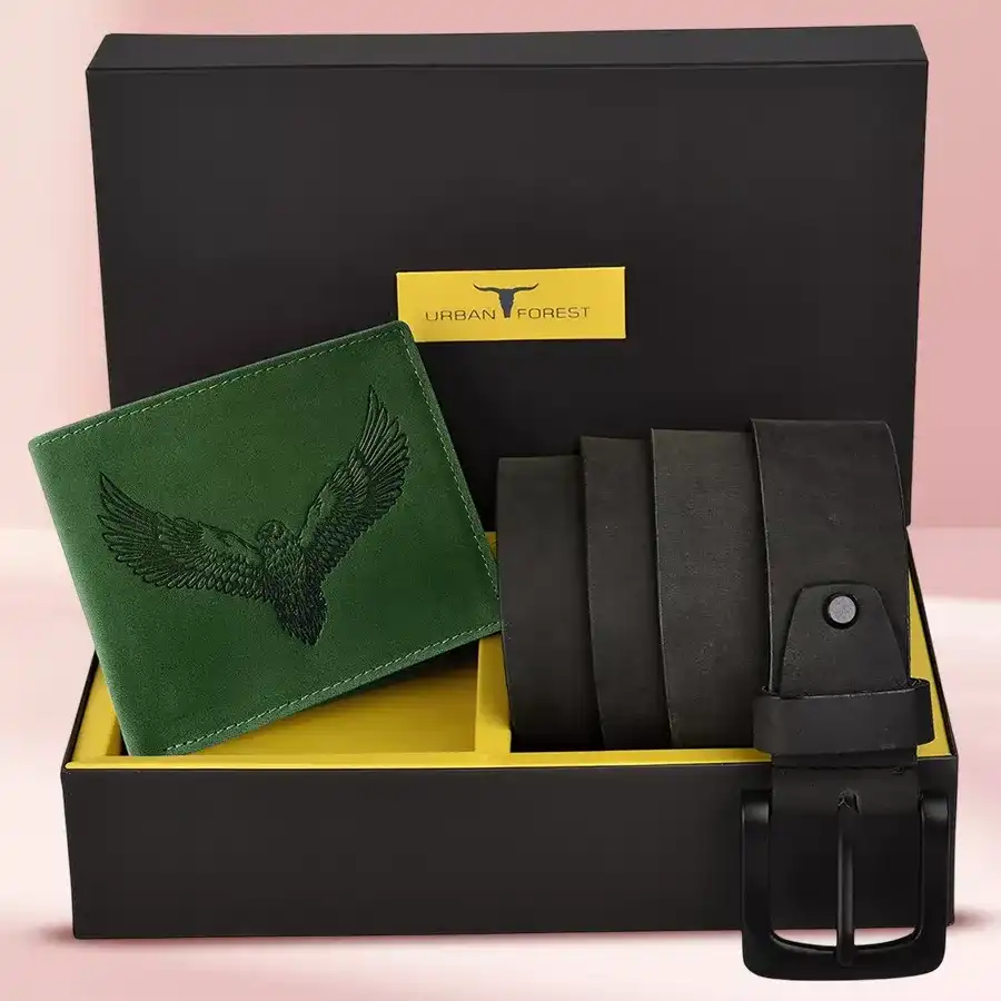 Trendiest Urban Forest Wallet and Belt Combo Set for Men in green leather.