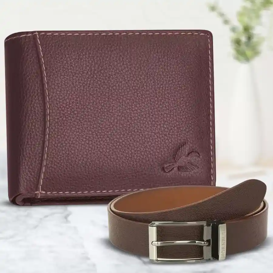 Classic Brown Men's Leather Wallet and Belt Combo from Hornbull, elegantly designed for modern gents, crafted from premium leather.
