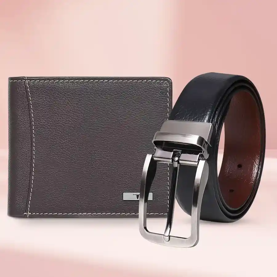 Urban Forest Wallet and Reversible Belt Combo for Men, featuring a brown leather wallet and a black and brown reversible belt.