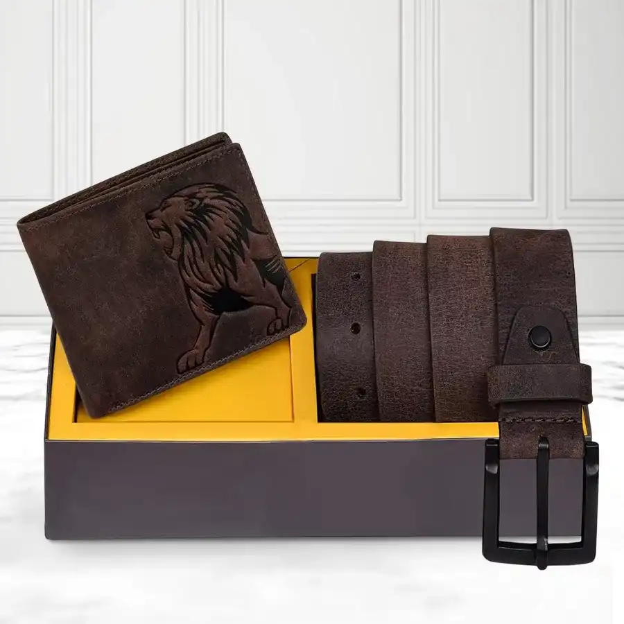Urban Forest Stylish Leather Wallet and Belt Set in vintage brown.