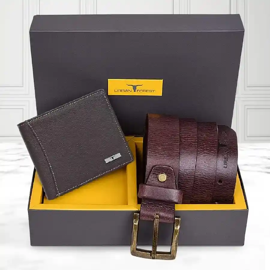 Urban Forest Men's Wallet and Belt Combo Set in dark brown leather, ideal for gifting or personal use, showcasing sophistication and quality.