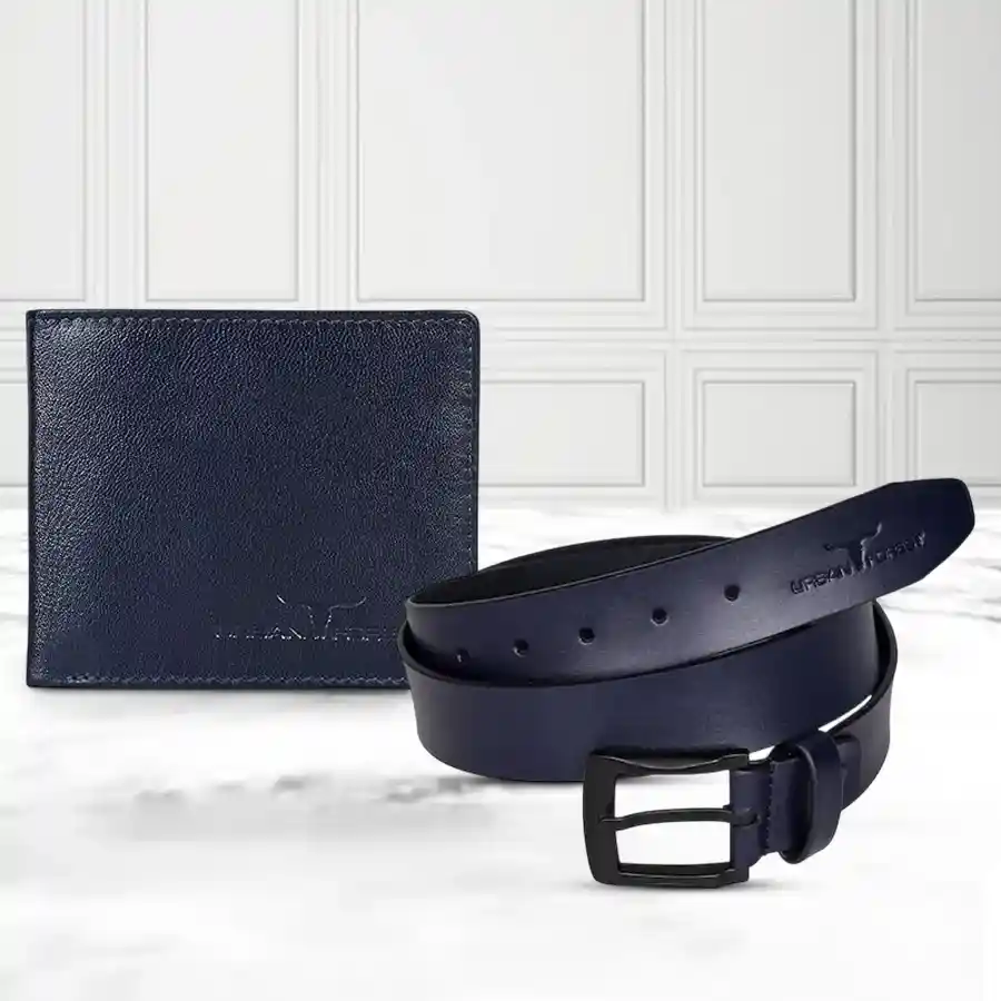 Urban Forest Men's Wallet and Belt Combo in dark blue and black leather.