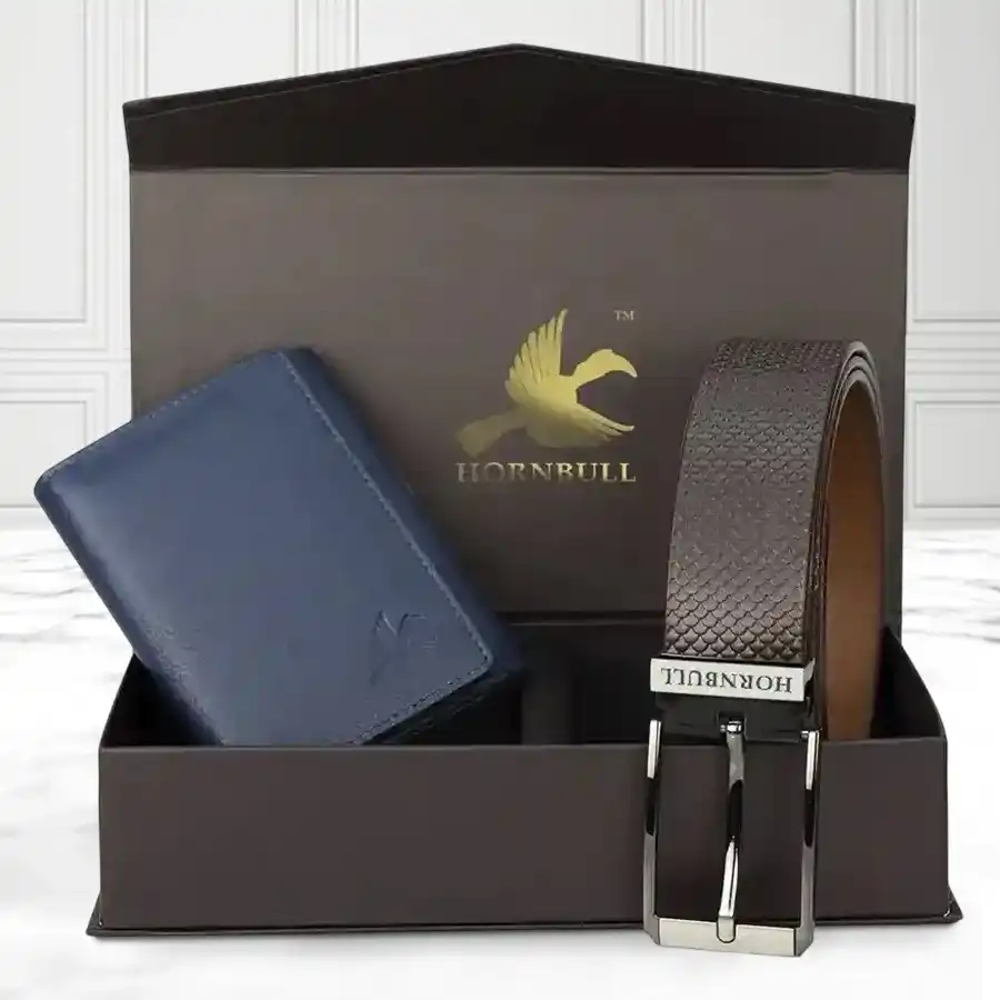Admirable Hornbull Men's Leather Wallet and Belt Set in brown leather.