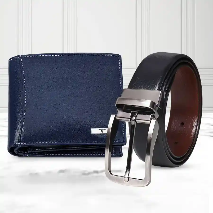 Stylish gents wallet in blue with reversible black and brown belt from Urban Forest gift set. Perfect for any occasion, made from premium leather.
