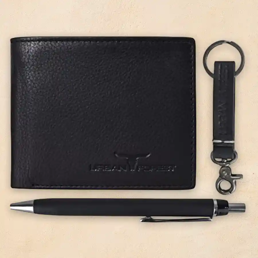 Black leather wallet with keyring and pen from Urban Forest.