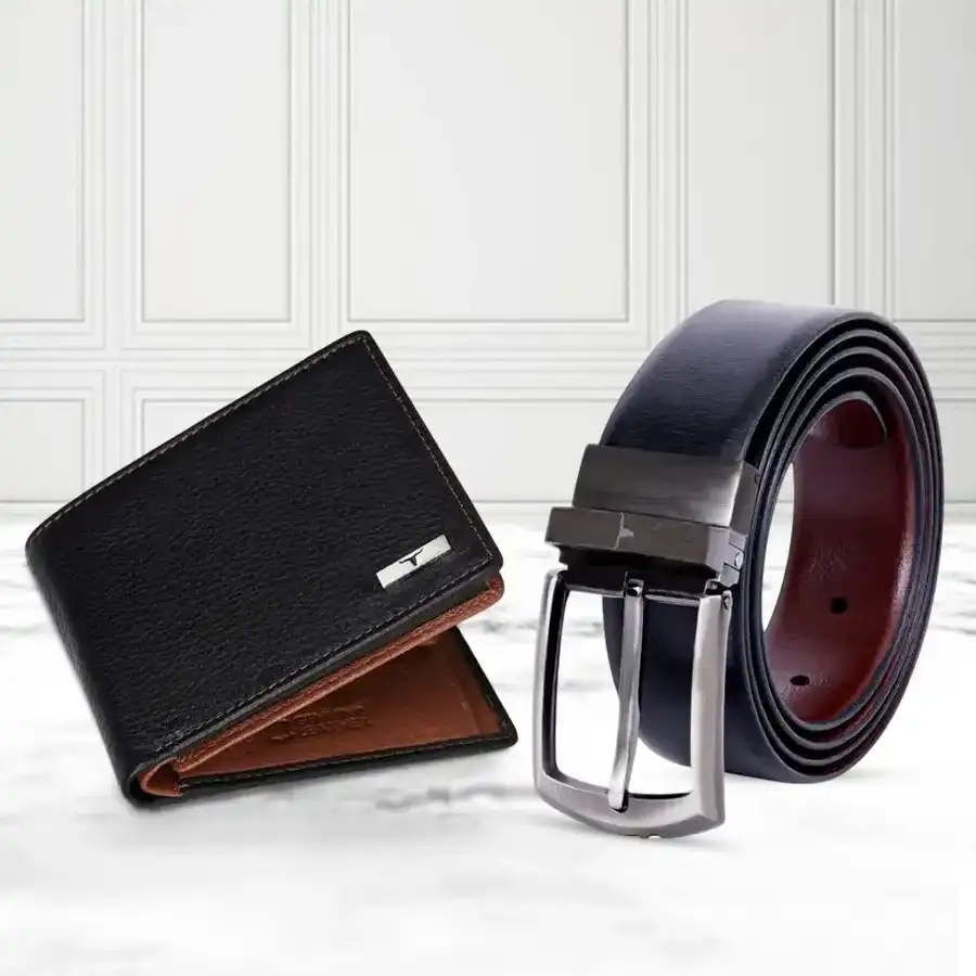 Urban Forest stylish men's wallet and reversible belt combo in black and redwood leather.