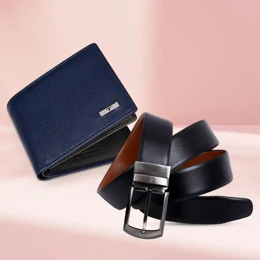 Stylish Urban Forest men's wallet and reversible belt combo set in blue and black leather.