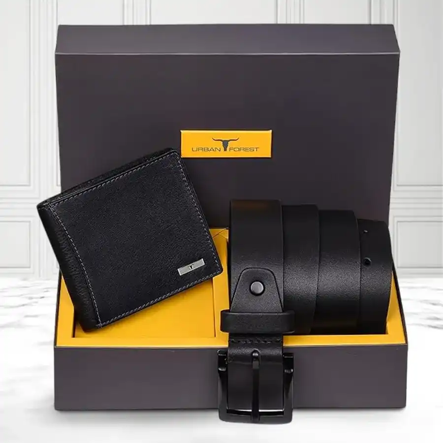 Urban Forest Leather Wallet and Belt Combo in black, perfect for stylish gifting.