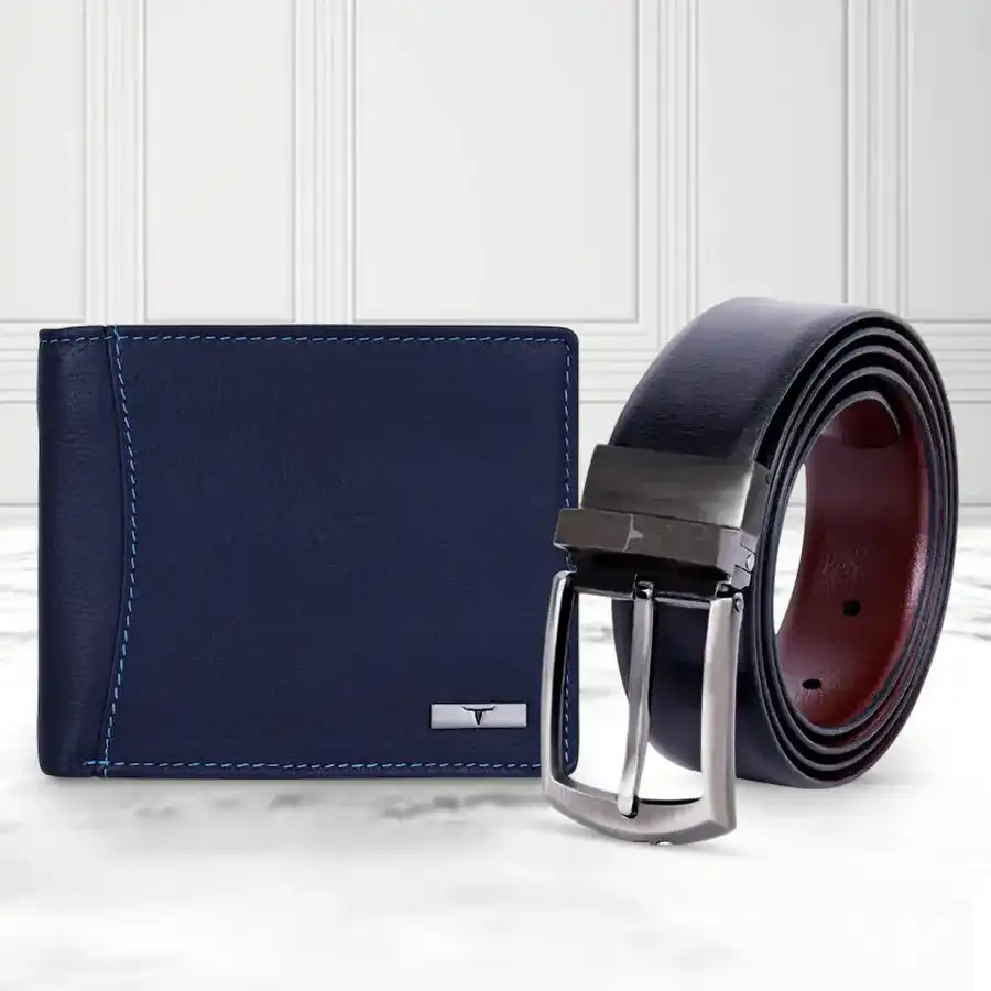 Urban Forest Men's Wallet and Belt Combo featuring a leather wallet in Ostin Blue and a reversible black and brown belt, perfect for gifting.