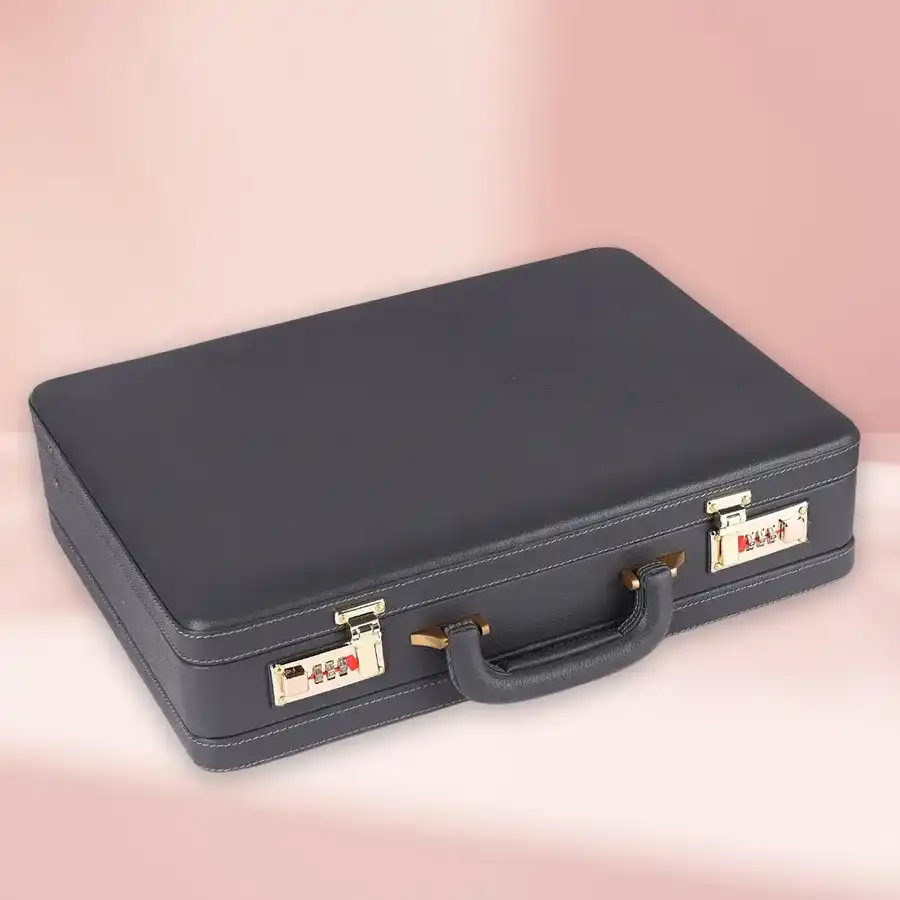 Stylish grey leather briefcase for men, expandable design for organization and comfort. Perfect for daily use or business trips.