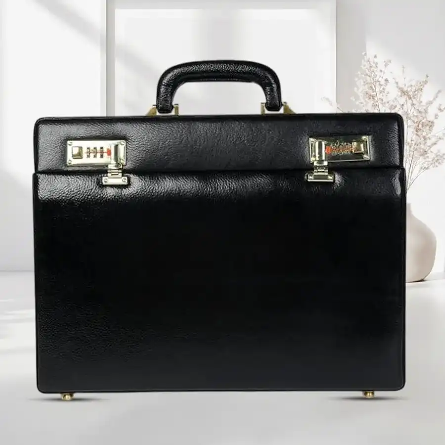 Elegant black leather briefcase for men, designed for professionals.