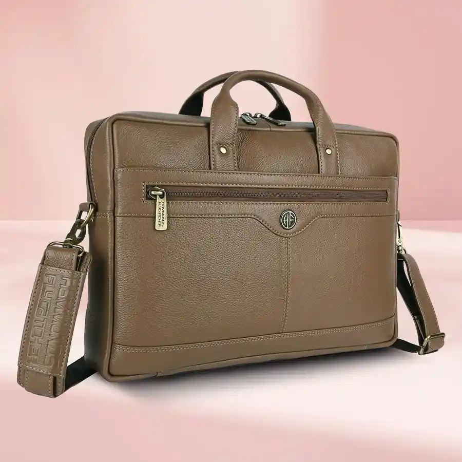 Stylish leather laptop messenger bag in dark brown with burlywood accents, designed to fit 14-16 inch laptops and featuring multiple compartments.